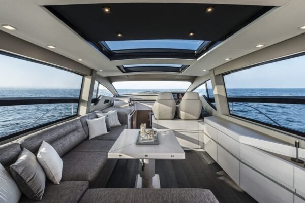 Another angle of the spacious interior of the 72' Pershing yacht, showcasing its luxurious living spaces.