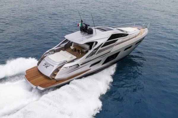 Exterior view of the 72' Pershing yacht, showcasing its sleek design and luxurious features.