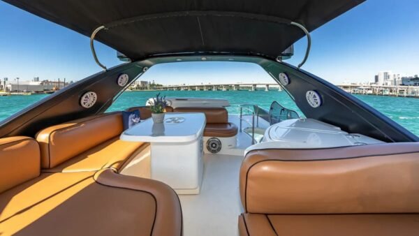 Interior seating area aboard the 62' AZIMUT REGAL yacht, designed for luxury and relaxation.