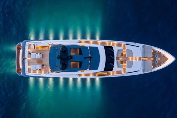 Aerial view of the 106' CUSTOM LINE yacht showcasing its sleek design.