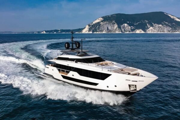 Exterior shot of the 106' CUSTOM LINE yacht, highlighting its luxurious profile.