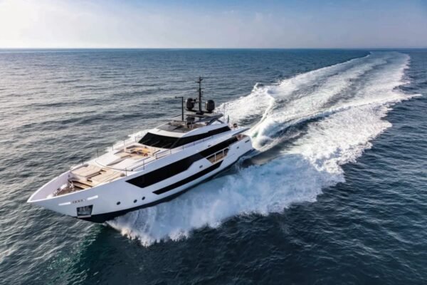 Side view of the 106' CUSTOM LINE yacht from another angle, emphasizing its elegance.