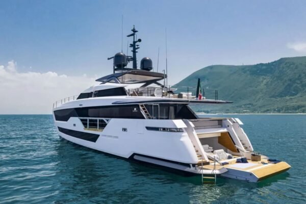 View of the 106' CUSTOM LINE yacht from a different angle, showcasing its modern design.