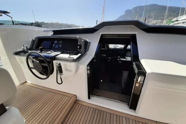 Close-up of the advanced control panel inside the 106' CUSTOM LINE yacht.