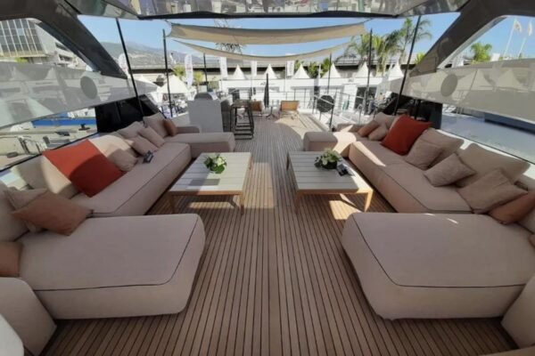 Interior of the 106' CUSTOM LINE yacht, featuring luxurious furnishings and design.