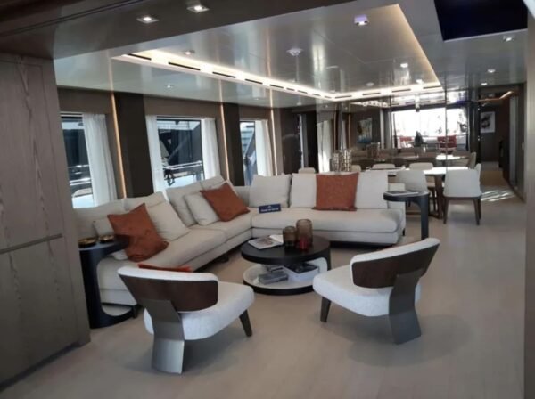 Elegant and spacious interior of the 106' CUSTOM LINE yacht, designed for comfort.