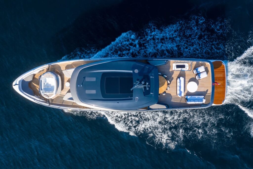 Stunning aerial view of the 100' PRINCESS X95 yacht displaying its sleek design.