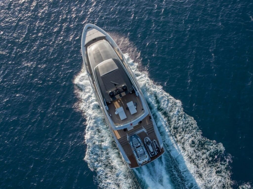 Bird's-eye view of the 82' Sunseeker, revealing its full layout and sleek design