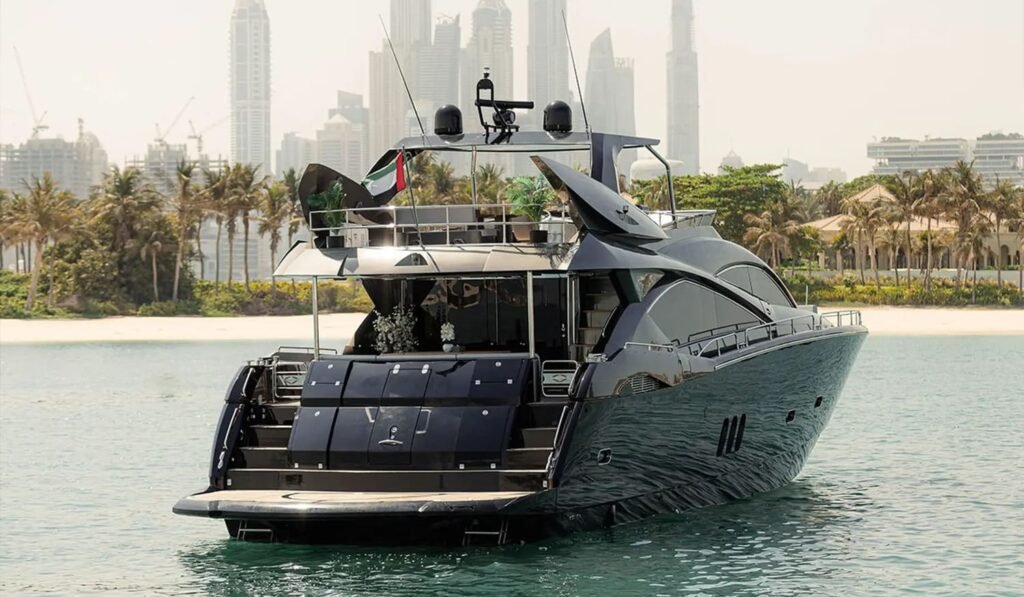Rear view of the 82' Sunseeker yacht, highlighting its spacious aft deck and luxurious outdoor seating.