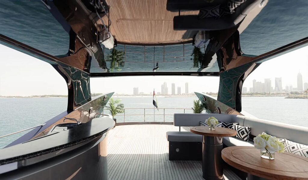 Interior lounge of the 82' Sunseeker yacht, featuring elegant furnishings and a modern design.