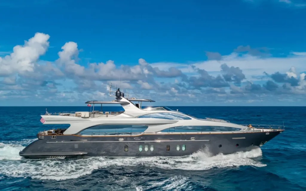 Side view of the 116' AZIMUT luxury yacht, showcasing its sleek design and elegant lines.