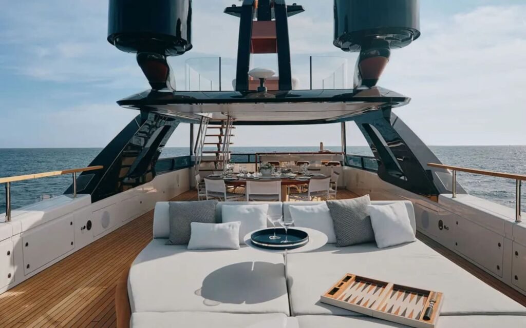 Spacious outdoor deck area of the 125' Benetti yacht, perfect for relaxation and entertainment.