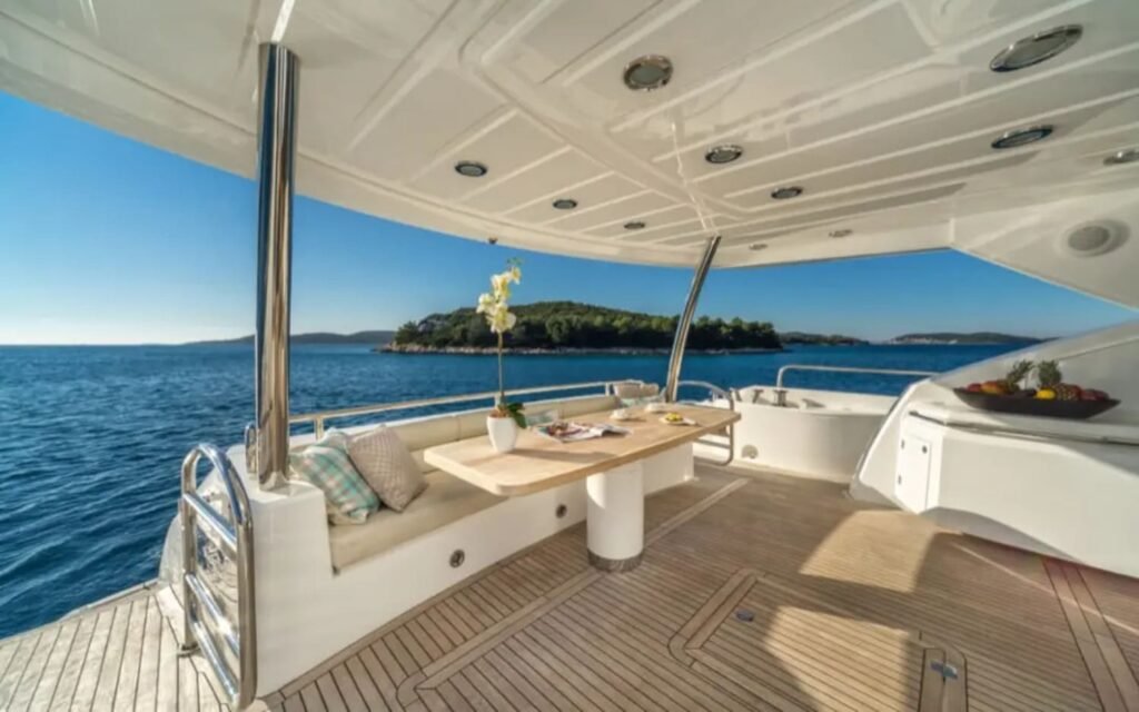 Luxurious lounge area inside the 80' Sunseeker yacht with stylish furnishings.