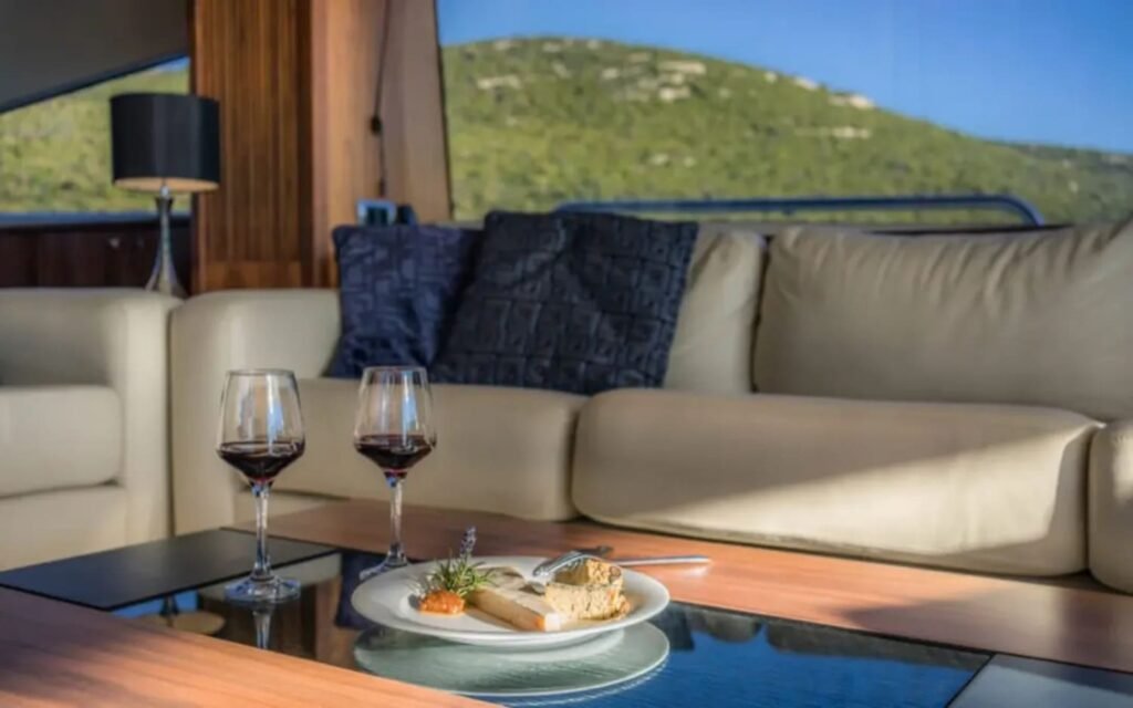 A closer look at the stylish seating arrangement inside the yacht.