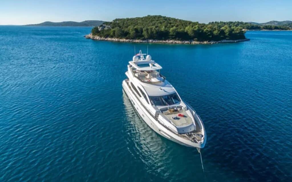 A different angle of the 80' Sunseeker yacht, highlighting its sleek exterior.