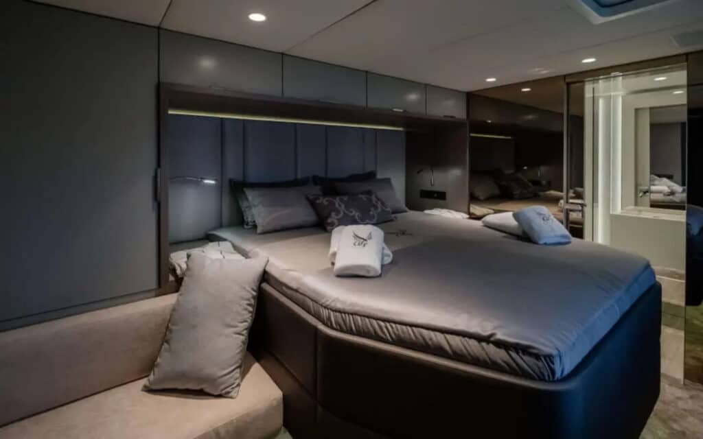 The master bedroom of the Sunreef 60 yacht, designed with comfort and elegance in mind.