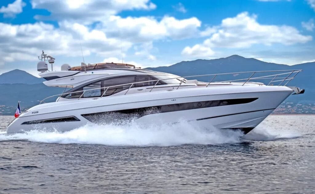 Exterior view of the 66' Princess yacht, showcasing its sleek design and spacious deck.