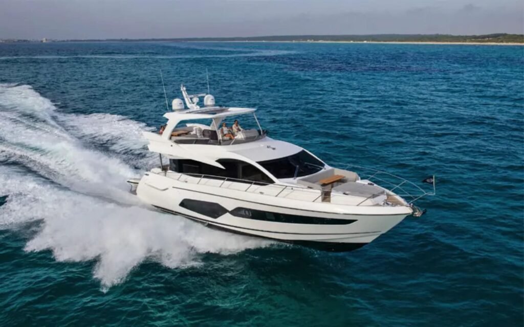 Side-angle view of the 66' Sunseeker yacht showcasing its sleek design
