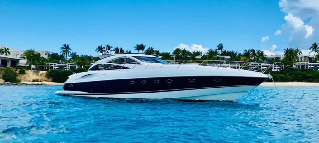 Front view of the 68' Sunseeker Predator yacht showcasing its sleek design and elegant exterior.