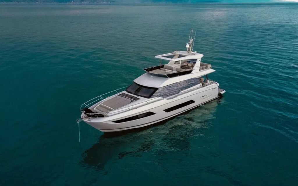 Front view of an elegant luxury 68' Prestige on the sea