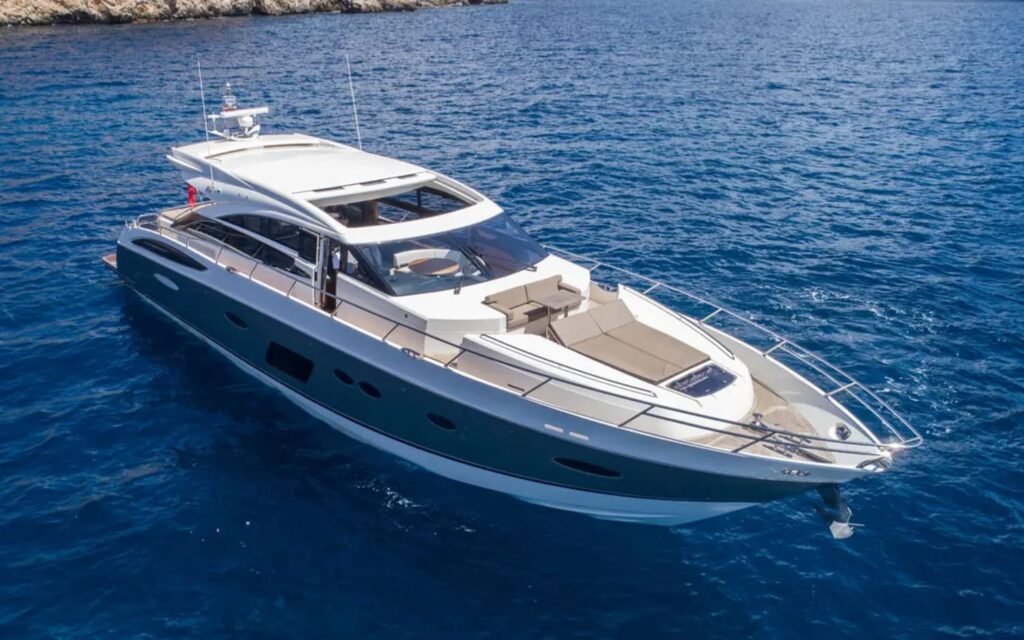 A stunning 72' Princess yacht docked in the harbor, ready for charter.