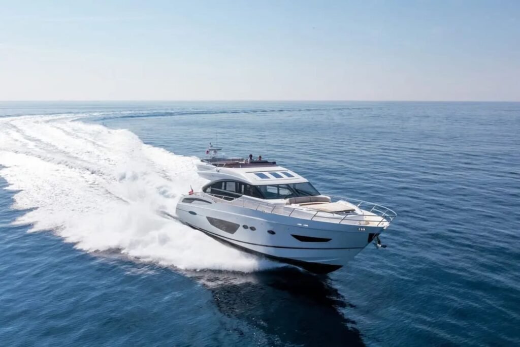 Side view of the 74' Princess Flybridge showcasing its sleek and elegant exterior.