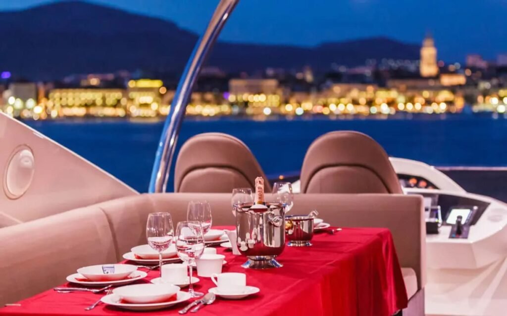 Sophisticated dining area aboard the yacht, designed for elegant meals and gatherings.
