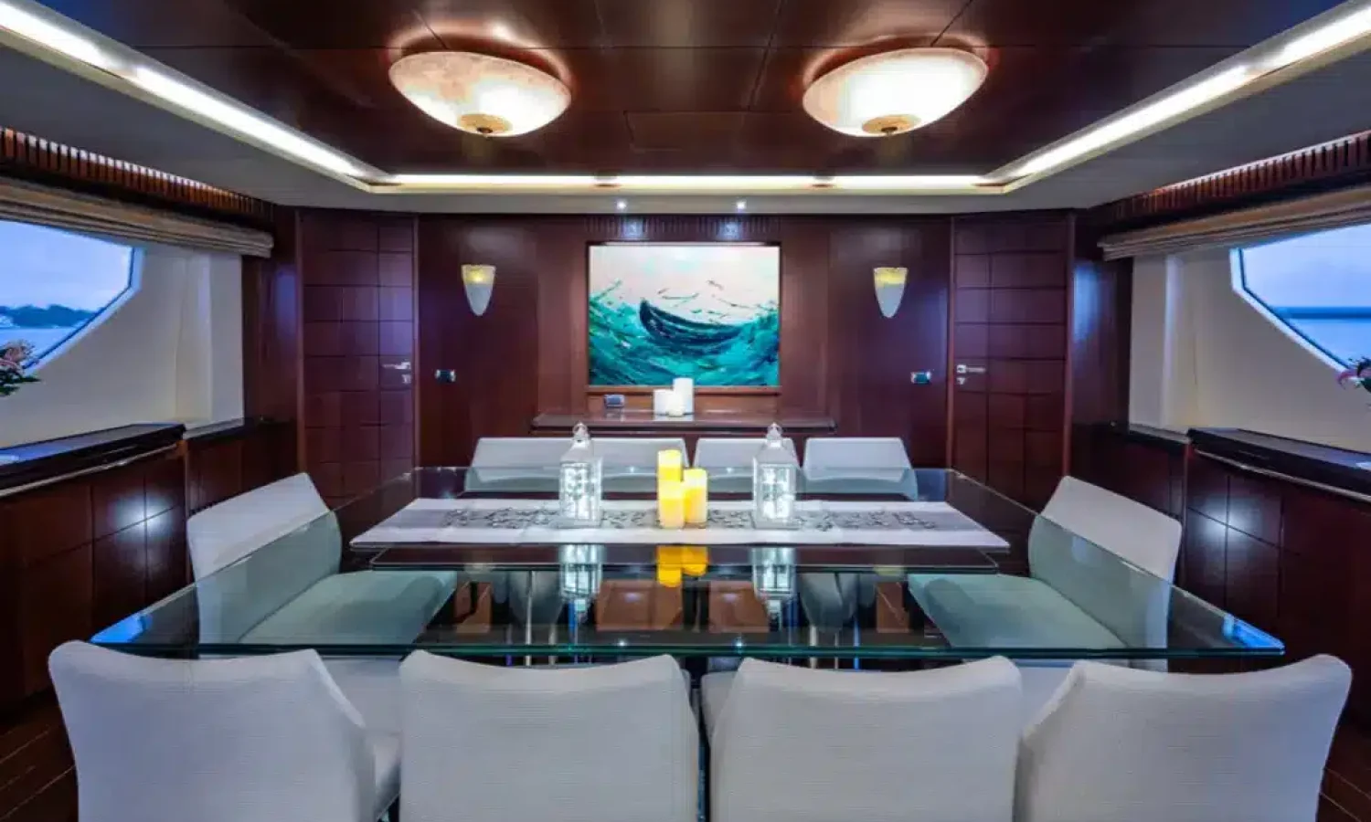Bahamas 14 Elegant indoor dining and lounge space with panoramic views and high-end furnishings aboard the 116' AZIMUT yacht.