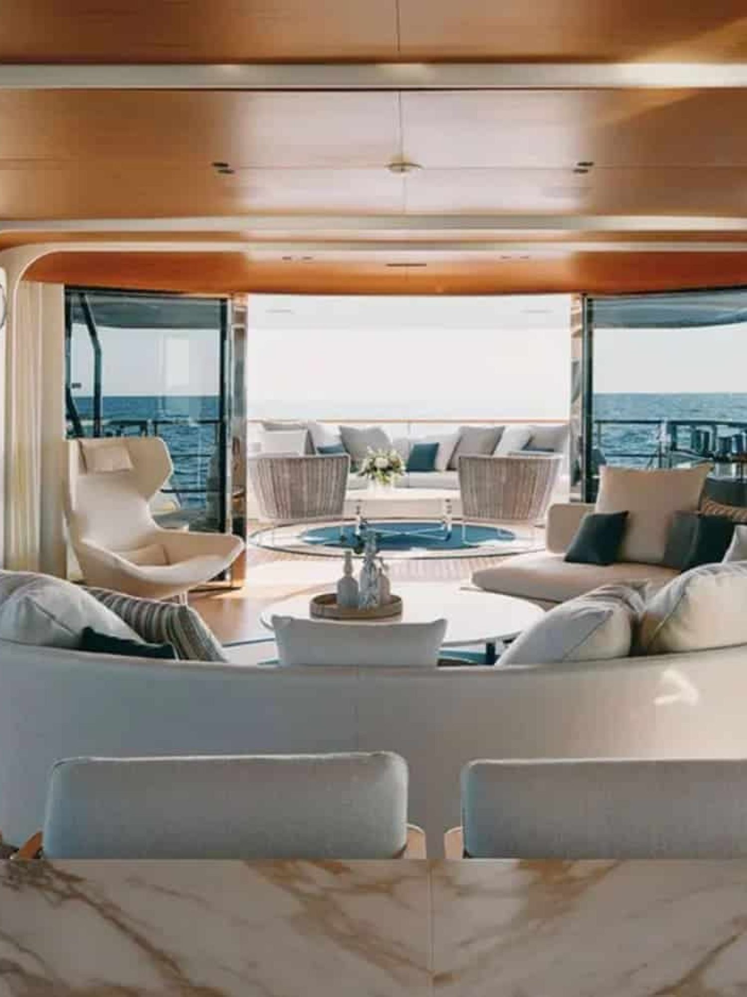 Luxurious and stylish interior of the yacht, featuring high-end furnishings.