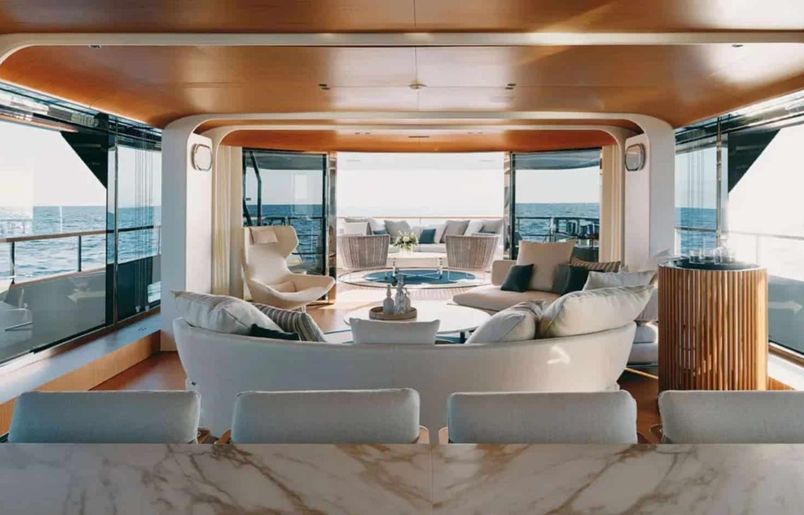 Luxurious and stylish interior of the yacht, featuring high-end furnishings.
