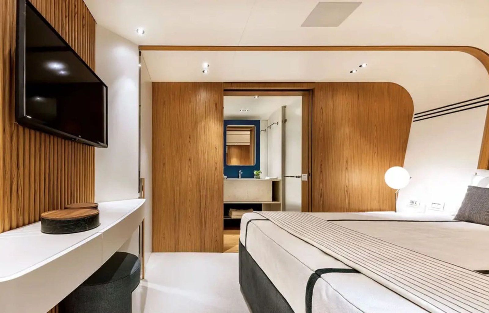 A well-appointed guest cabin on the 125' Benetti yacht, offering comfort and elegance.