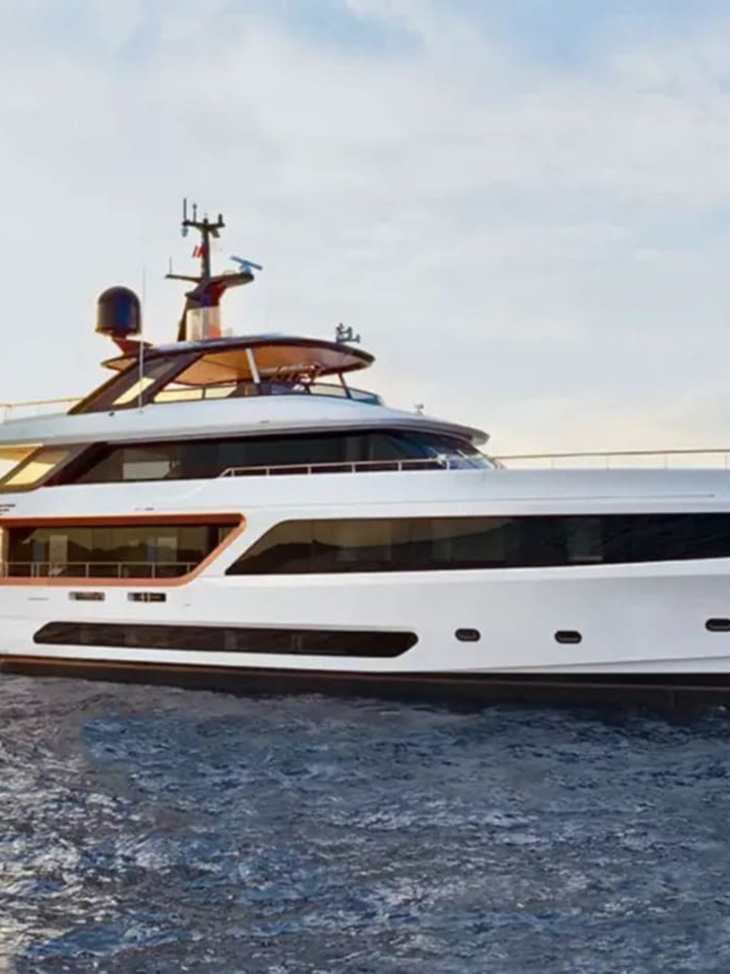 Stunning front view of the 125' Benetti yacht, showcasing its sleek design and elegance.