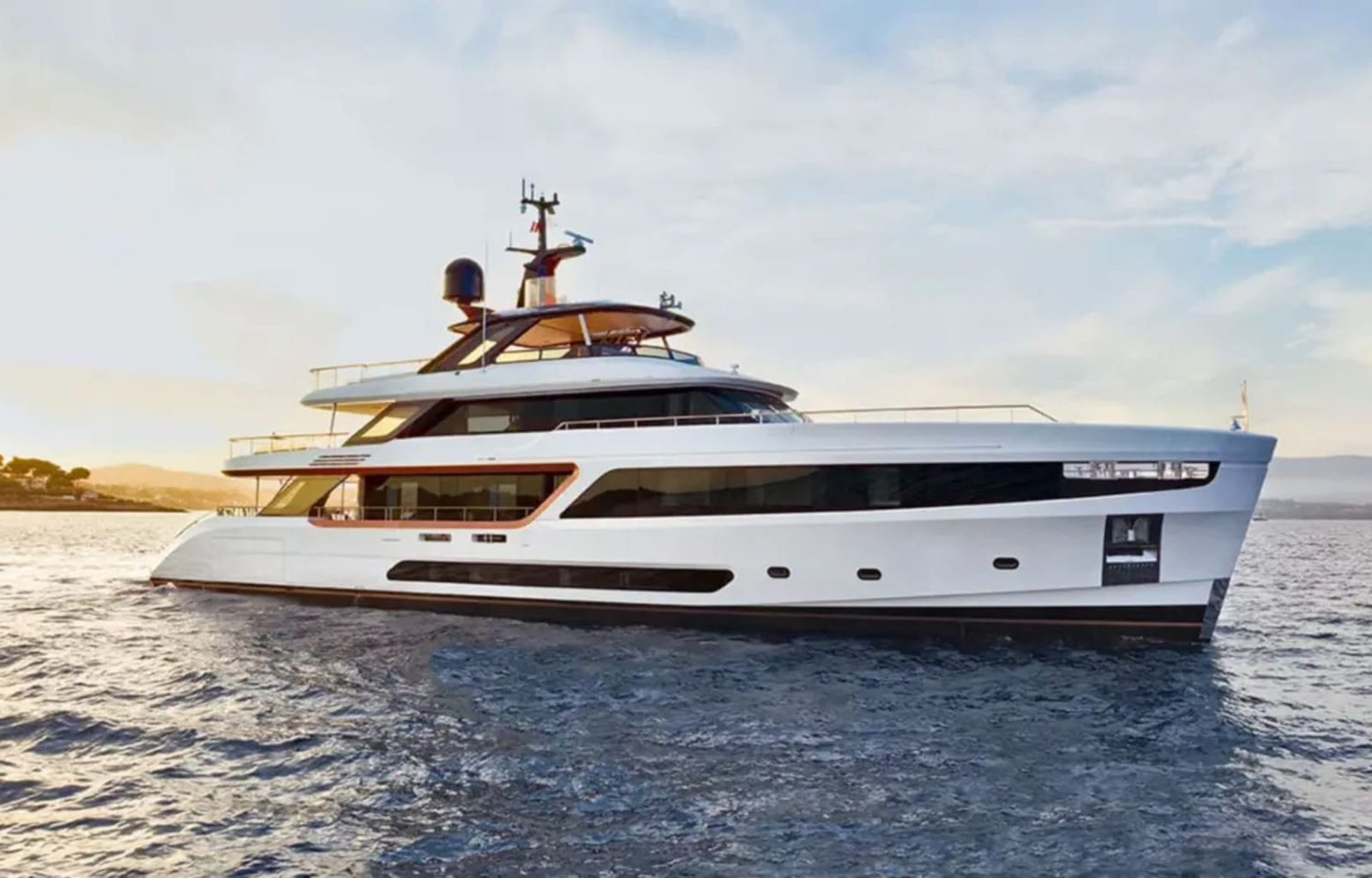 Stunning front view of the 125' Benetti yacht, showcasing its sleek design and elegance.