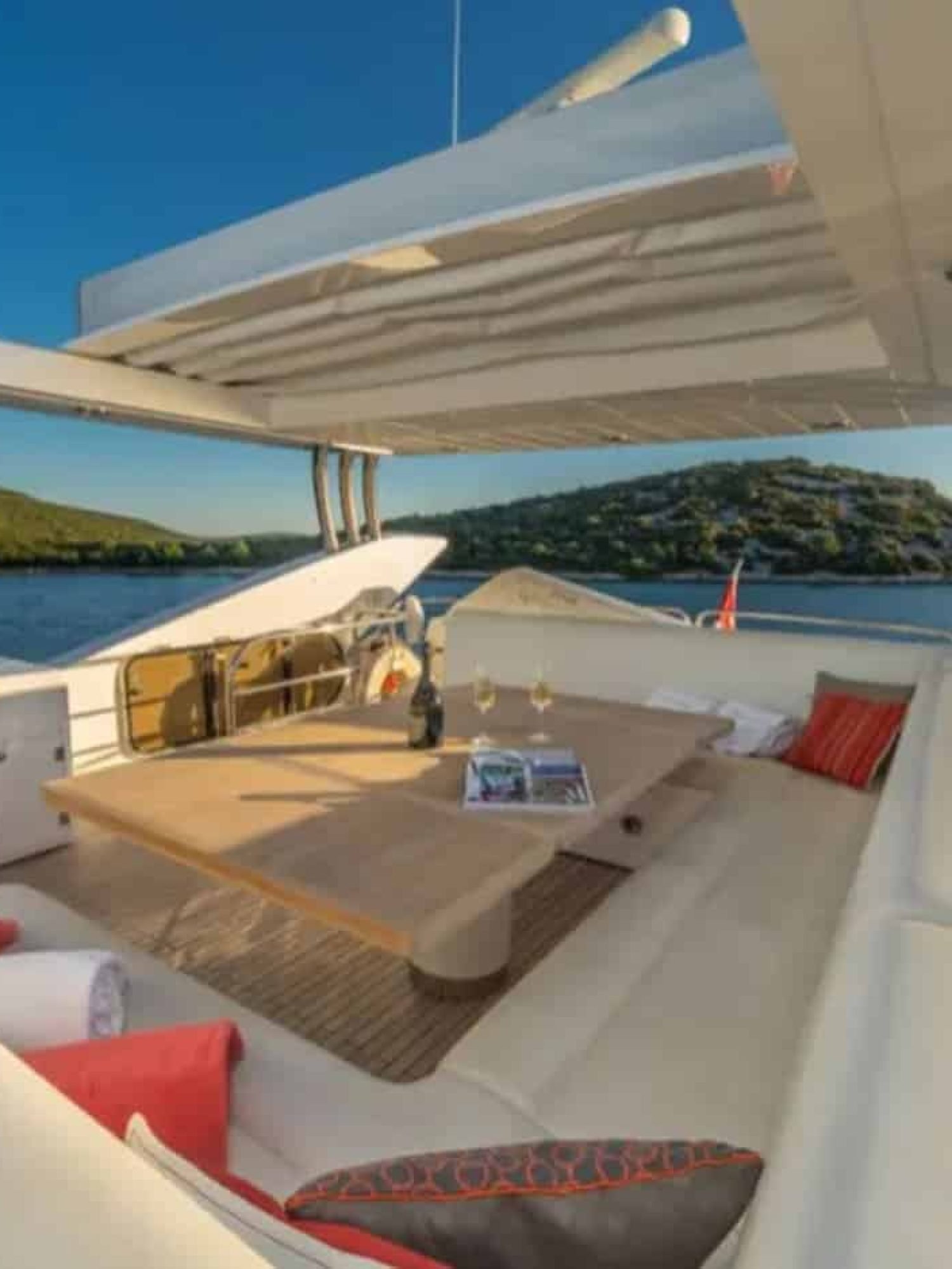 Another perspective of the elegant lounge area inside the 80' Sunseeker yacht.