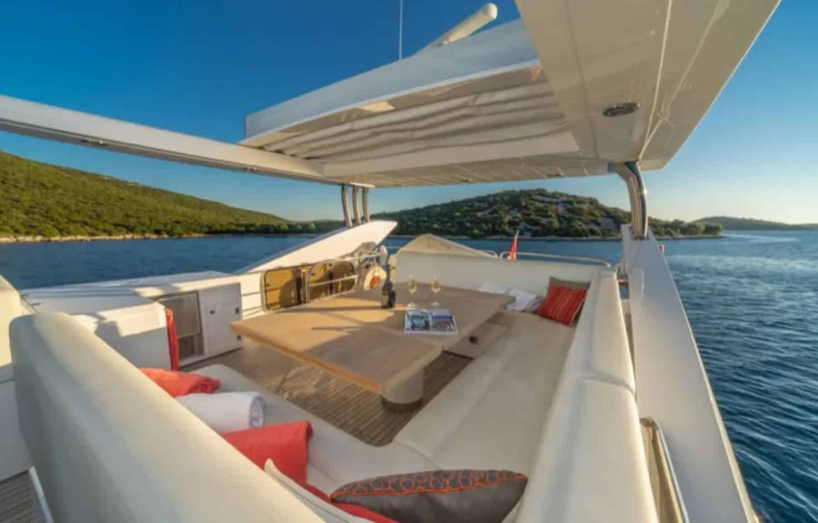 Another perspective of the elegant lounge area inside the 80' Sunseeker yacht.
