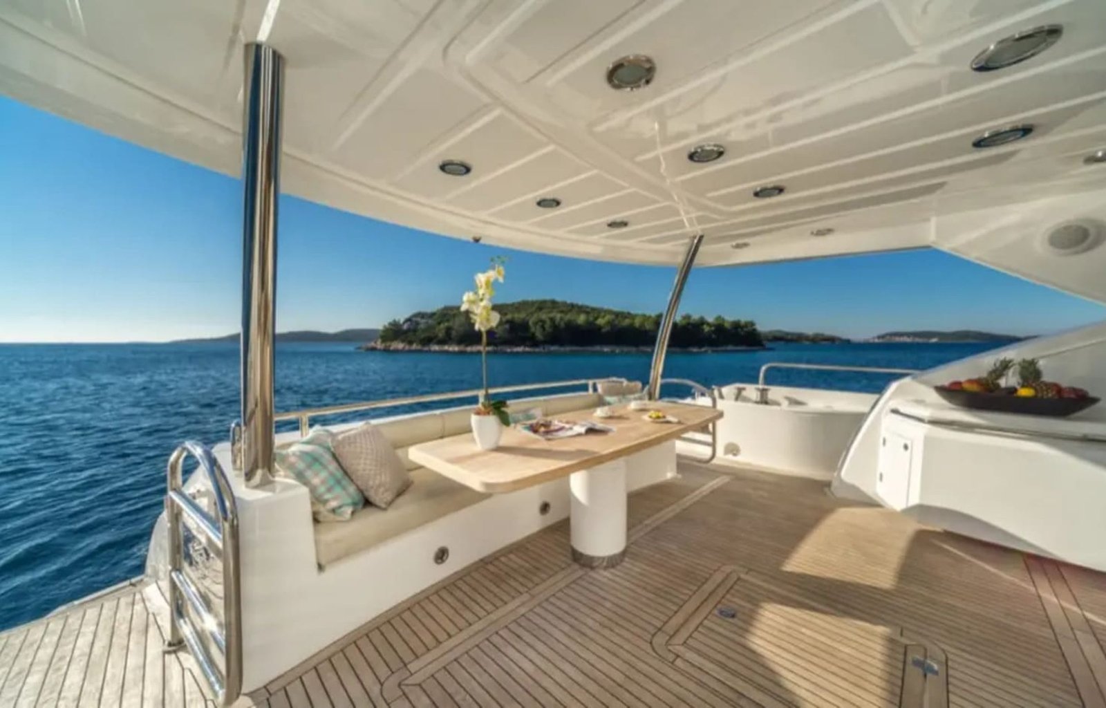 Luxurious lounge area inside the 80' Sunseeker yacht with stylish furnishings.