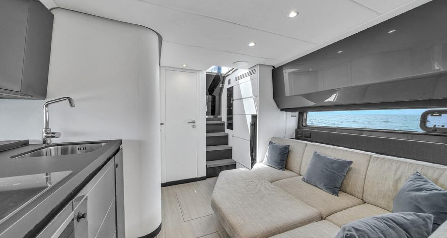 Another angle of the same interior space in the 48' Azimut, showcasing the refined aesthetics and layout.