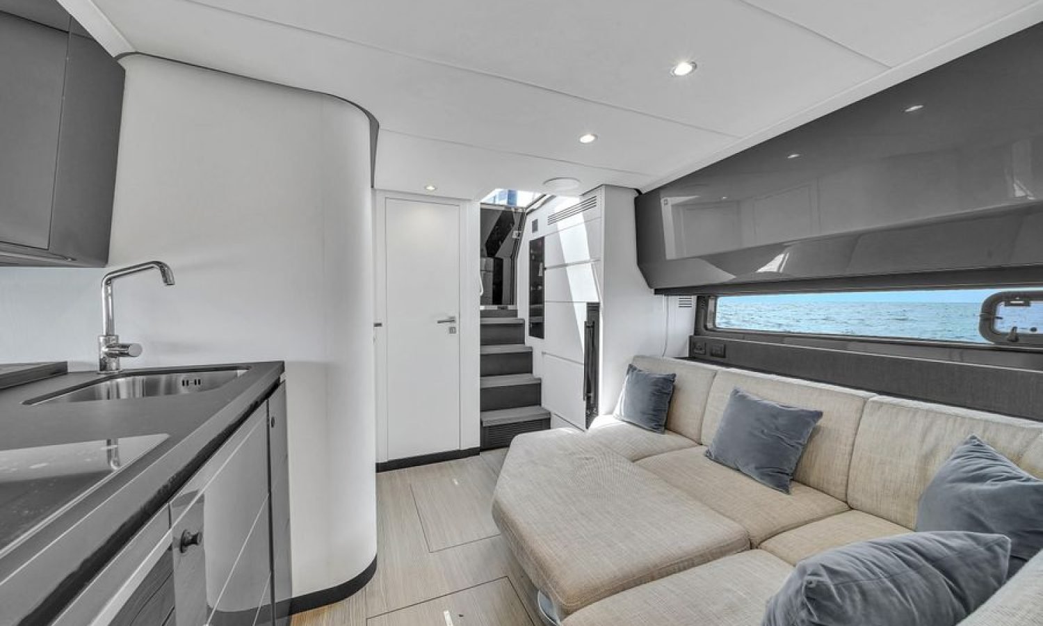 Another angle of the same interior space in the 48' Azimut, showcasing the refined aesthetics and layout.