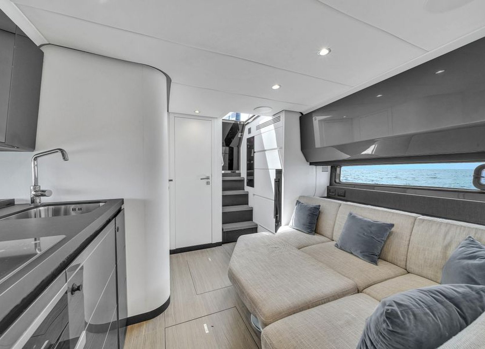 Another angle of the same interior space in the 48' Azimut, showcasing the refined aesthetics and layout.