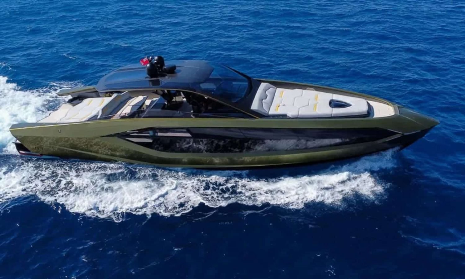 BUY OR SALE 19 Front view of the 63' Tecnomar Lamborghini yacht showcasing its sleek, aerodynamic design.