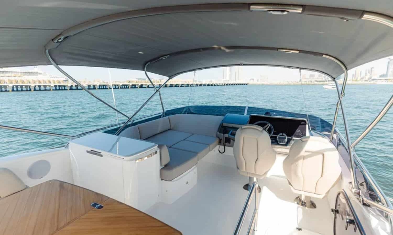 Luxurious interior of the 50' Princess yacht with refined furnishings and panoramic views.