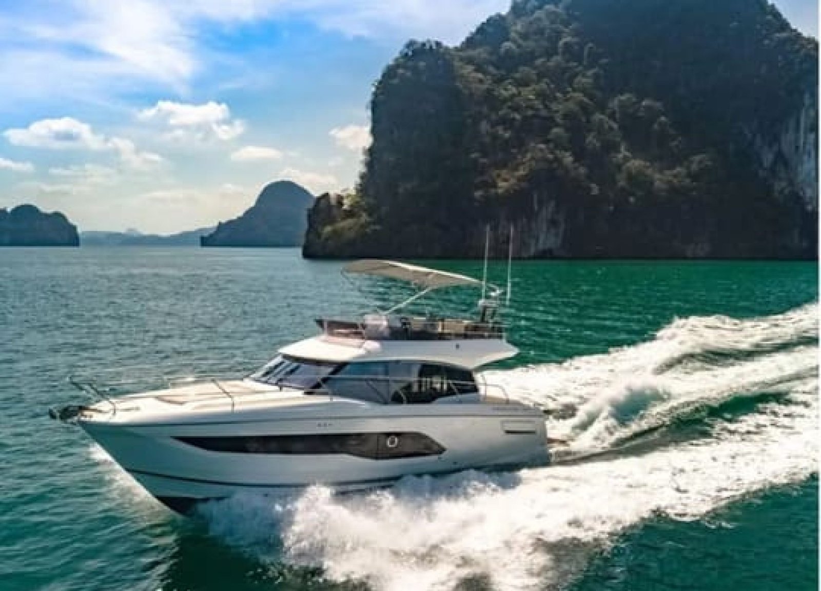 Front view of the 42' Prestige yacht for charter, showcasing sleek design and elegance on the water.