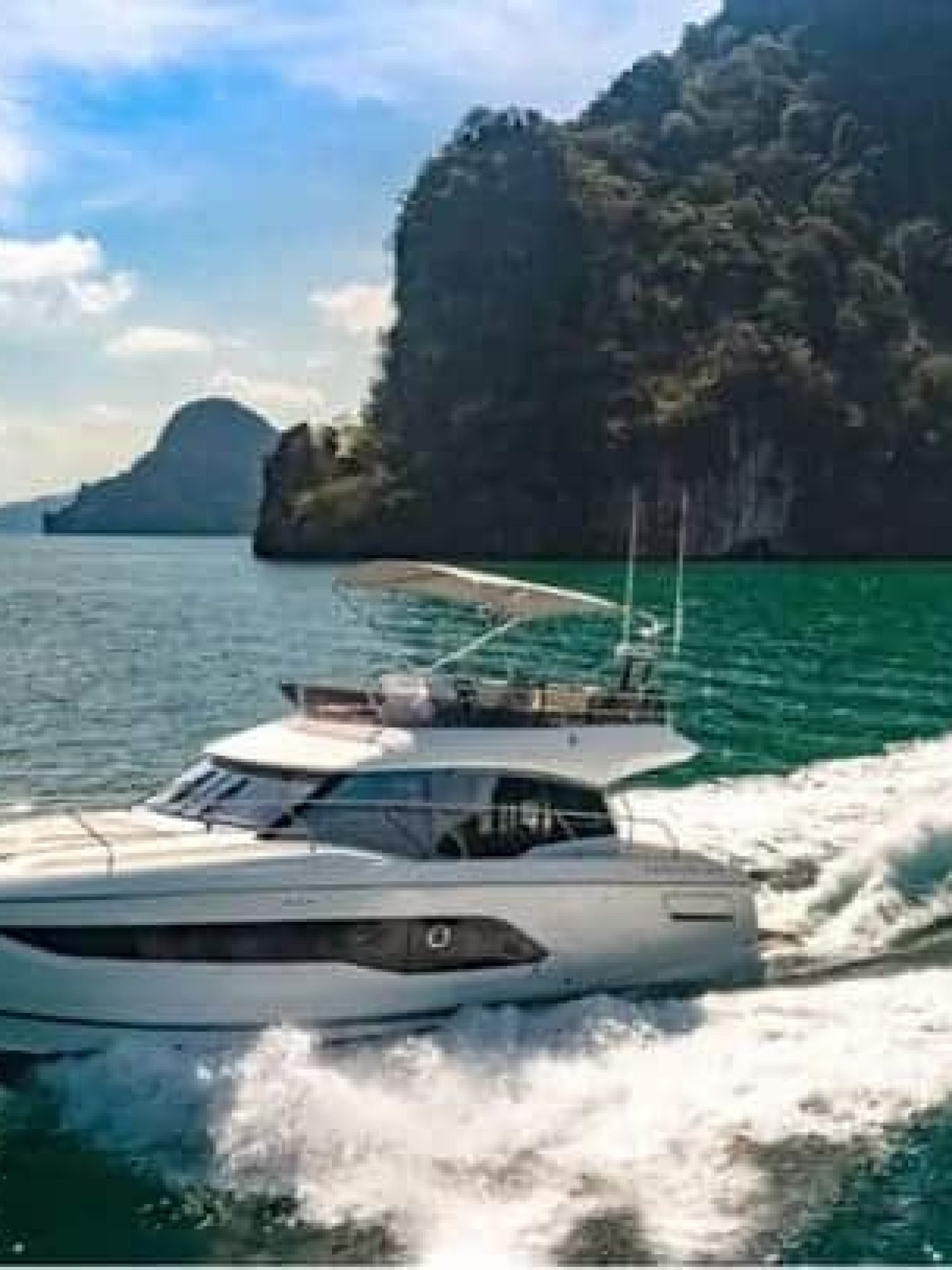 Front view of the 42' Prestige yacht for charter, showcasing sleek design and elegance on the water.