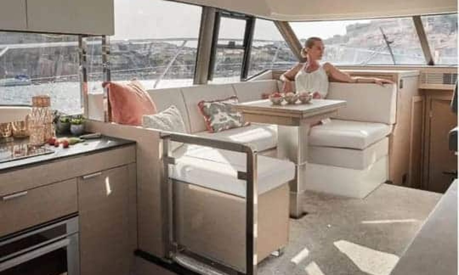 Croatia 14 "Luxury dining area inside the 42' Prestige yacht, featuring a stylish table setup and premium finishes.