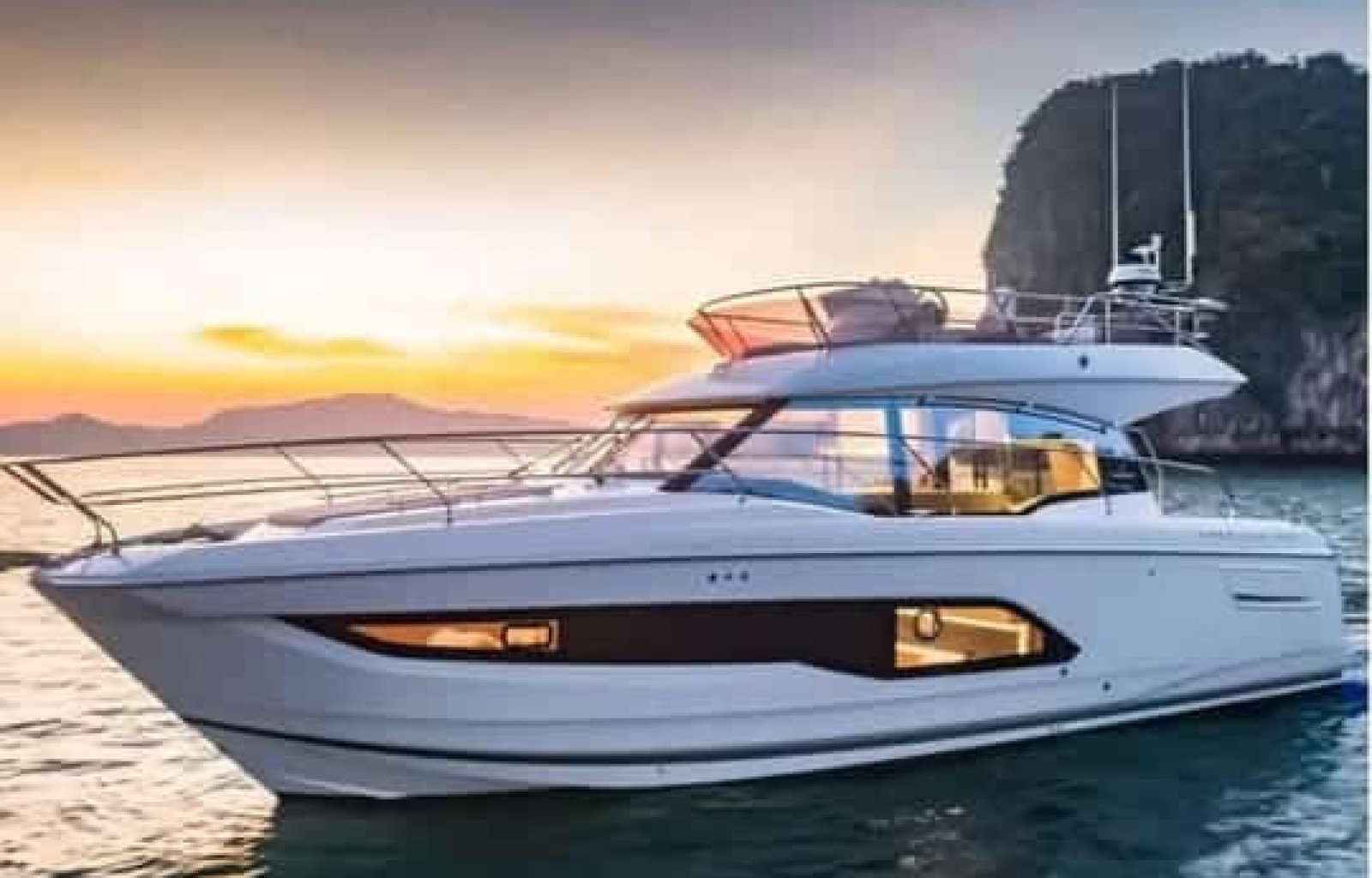 42' Prestige yacht illuminated by golden sunlight, creating a stunning luxury yachting experience.