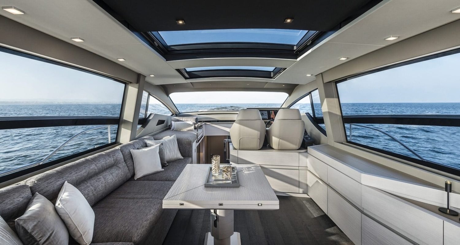 Another angle of the spacious interior of the 72' Pershing yacht, showcasing its luxurious living spaces.