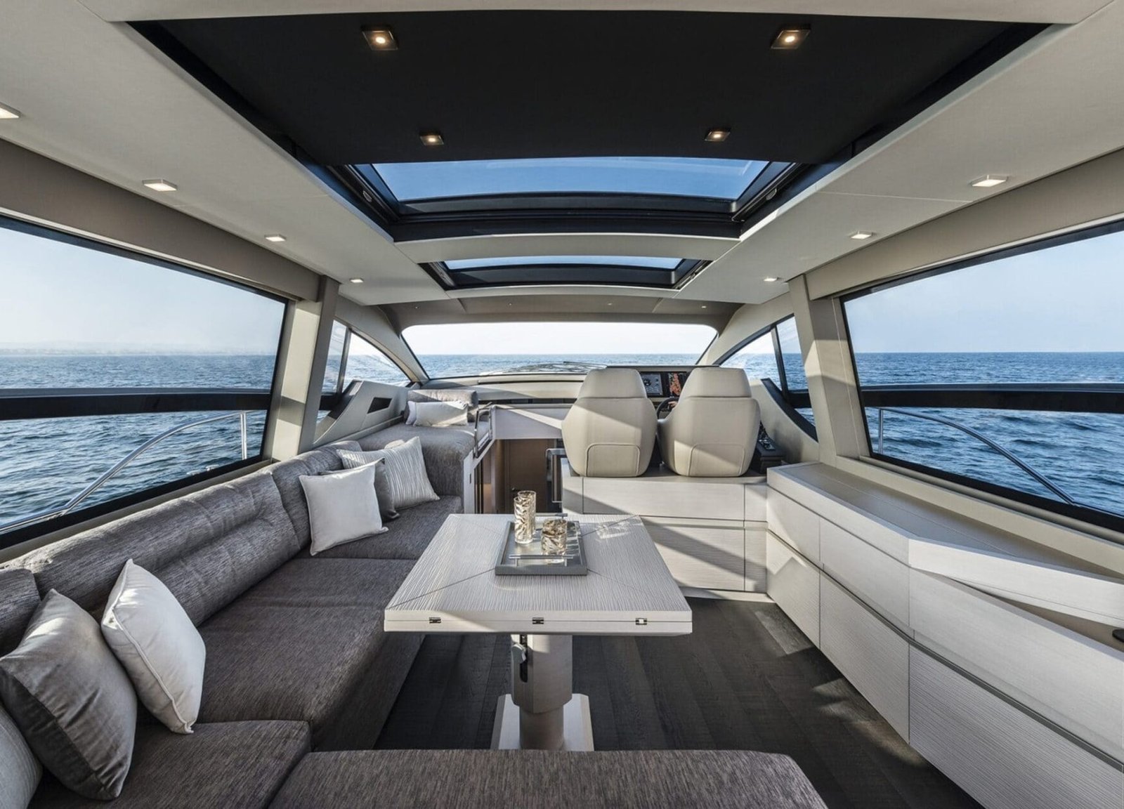 Another angle of the spacious interior of the 72' Pershing yacht, showcasing its luxurious living spaces.