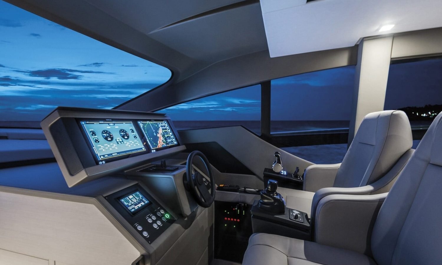 The helm of the 72' Pershing yacht, featuring advanced navigation controls for effortless sailing.