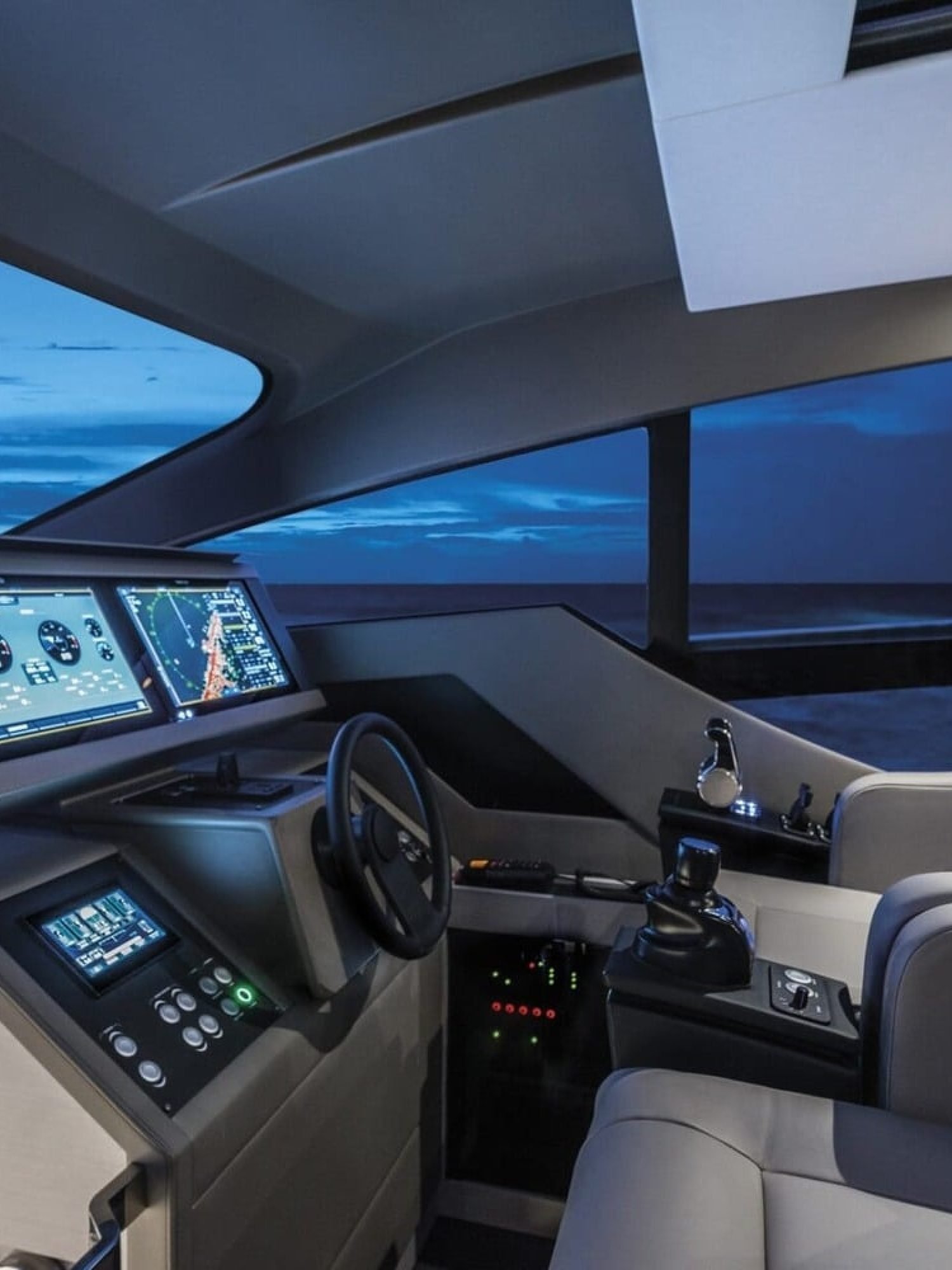 The helm of the 72' Pershing yacht, featuring advanced navigation controls for effortless sailing.