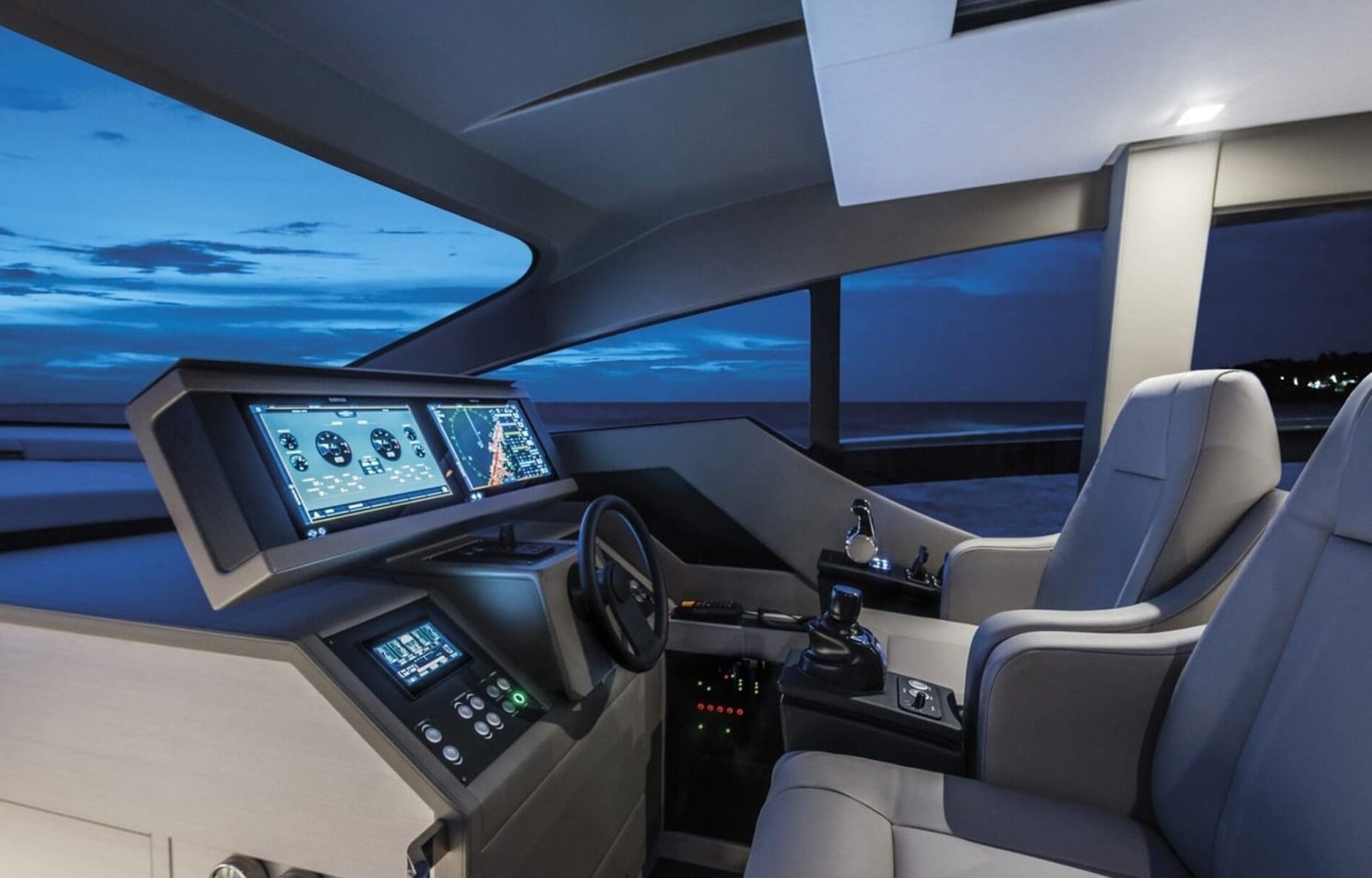 The helm of the 72' Pershing yacht, featuring advanced navigation controls for effortless sailing.